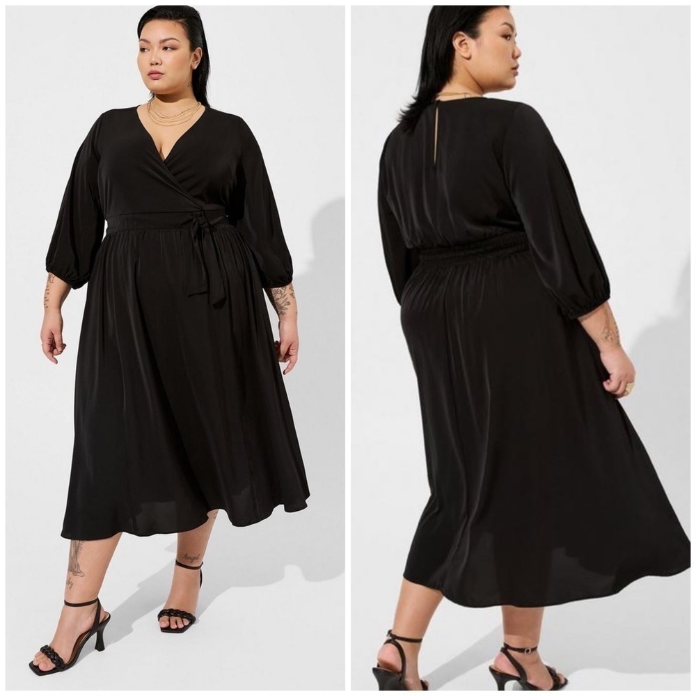 Torrid Tea Length Studio Crepe de Chine Surplice Dress Size 2X Black